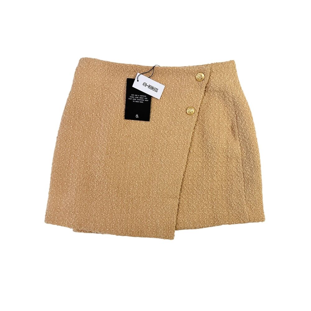 NWT 4th & Reckless Size Medium Tan Gold Button Boucle Wool Blend Mini Wrap Skirt